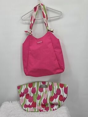 Clinique 2 Piece Bag Set Hot Pink Shoulder Tote and Floral Tulip Print Handbag
